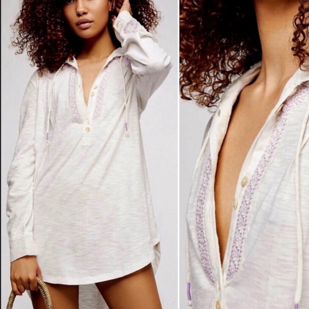 free people | ester embroidered hooded beach tunic ivory lavender s